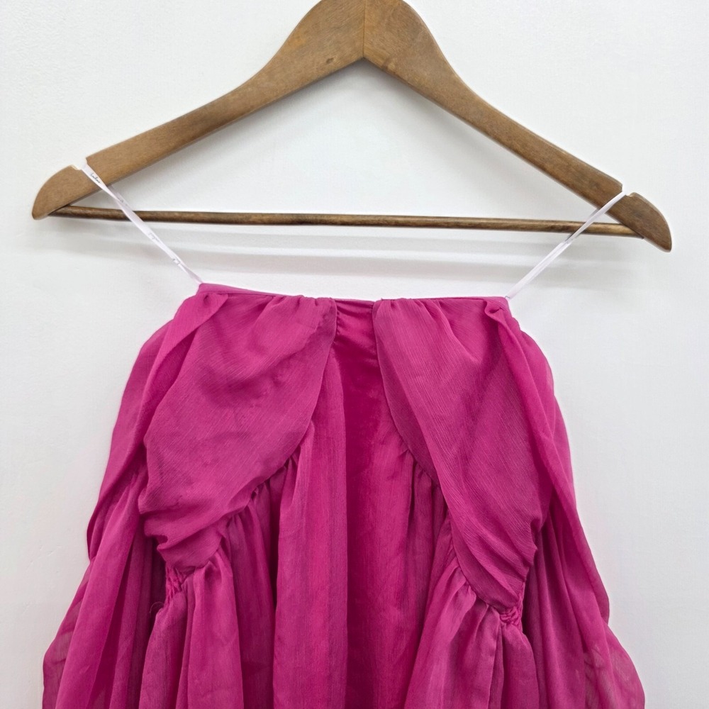 Lulus Womens S Fuchsia Off Shoulder Chiffon Babydoll Dress Sheer Sleeve Romantic - Picture 6 of 15